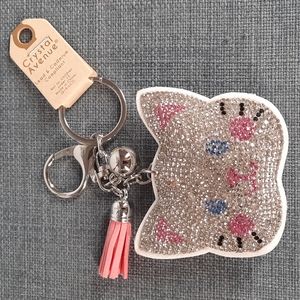 White Kitty Face Rhinestone Keychain Cat Purse Charm Backpack Clip Cat **As Is